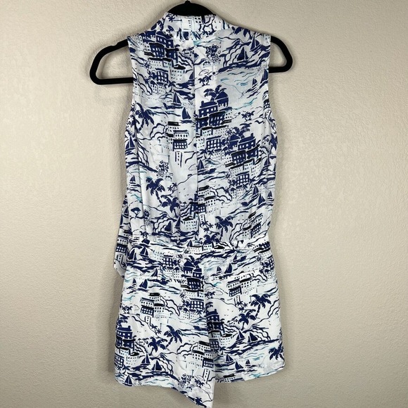 L'AGENCE Women's Behati Printed Silk Romper One Piece In White/Blue Size 2 - Picture 2 of 14